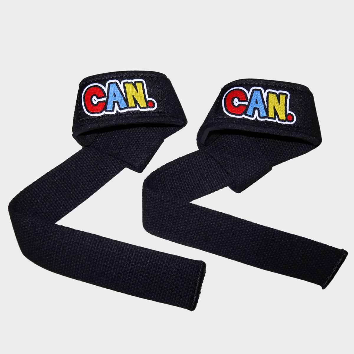 CAN. Syndicate black gym lifting straps with red blue and yellow logo
